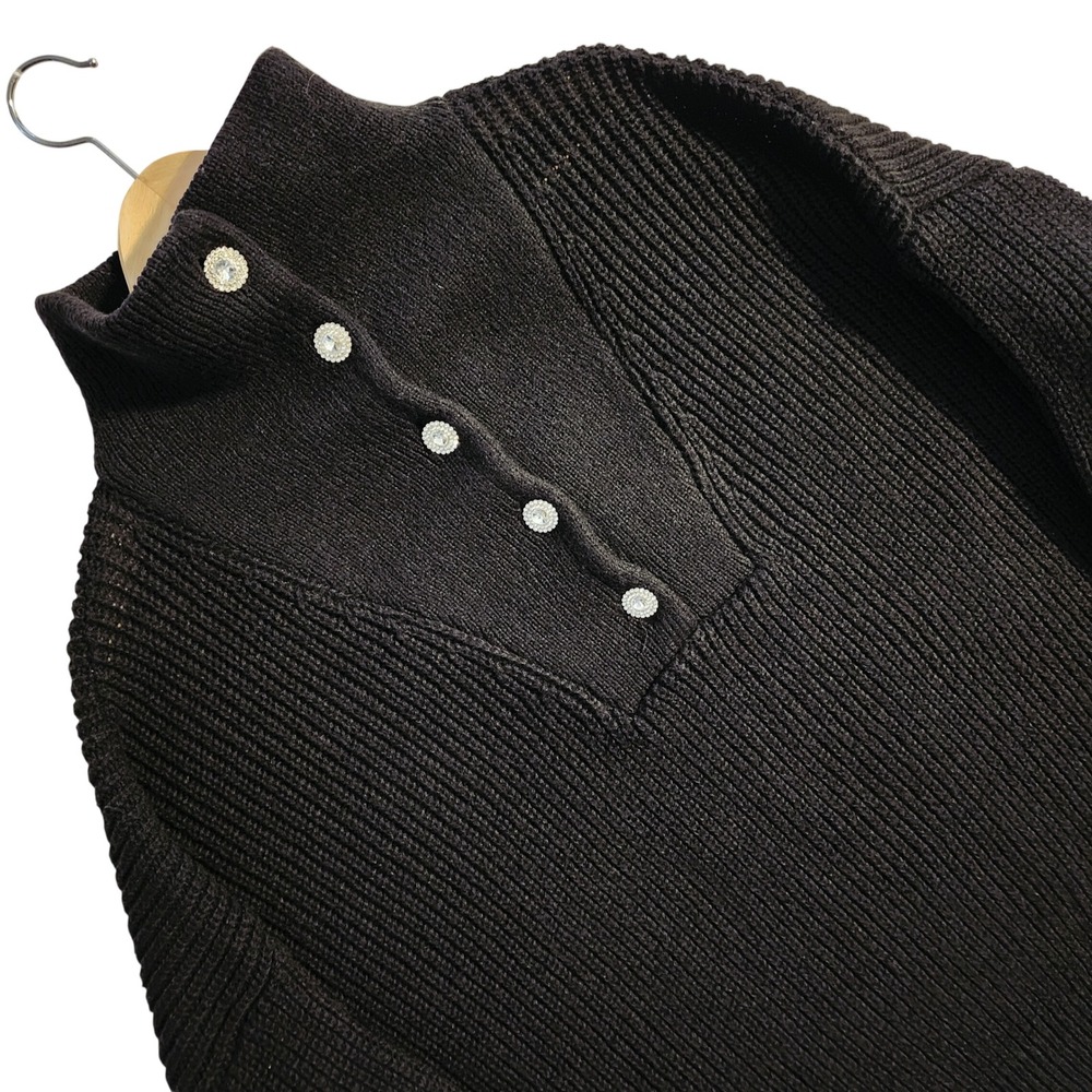 Black Mock Neck Sweater Womens 4XL Black Rhinestone Button Ribbed Knit Pullover
